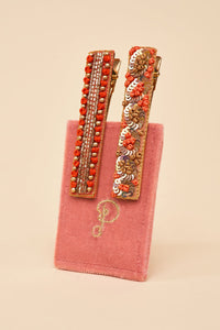 Powder Design Narrow Bar Jeweled Hair Clip- Coral Ovals & Bead