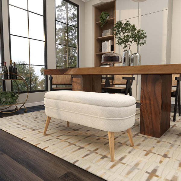 White Upholstered Boucle Lift-top Storage Bench