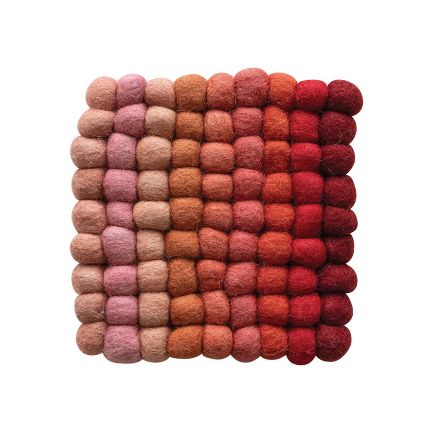 Handmade Square Handmade Wool Felt Ball Trivet - Red