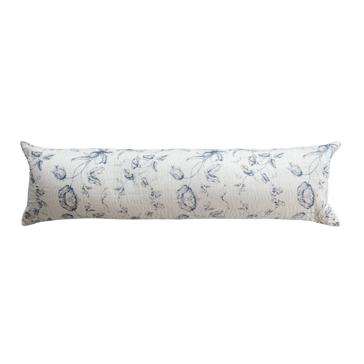 Blue & Ivory Floral Cotton & Linen Lumbar Pillow