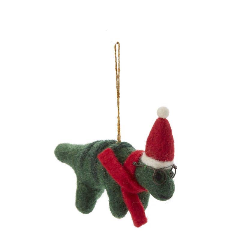 Felt Green Dashing Dino with Santa Hat Ornament