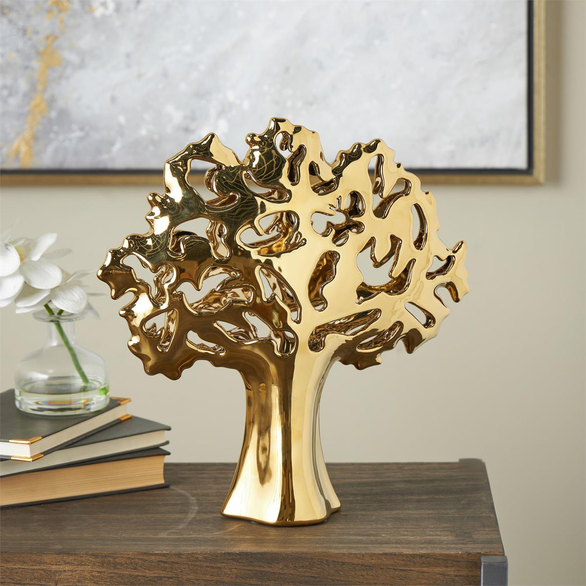 Gold Ceramic Tree Sculpture w/ Abstract Cutouts