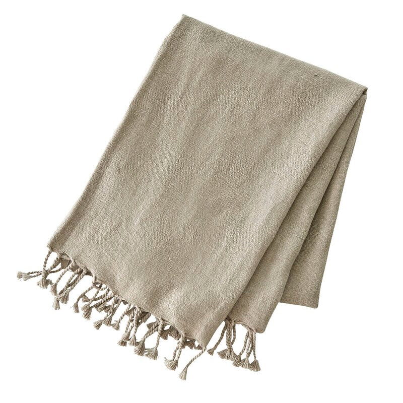 Relaxed Natural Linen Throw w/ Braided Fringe