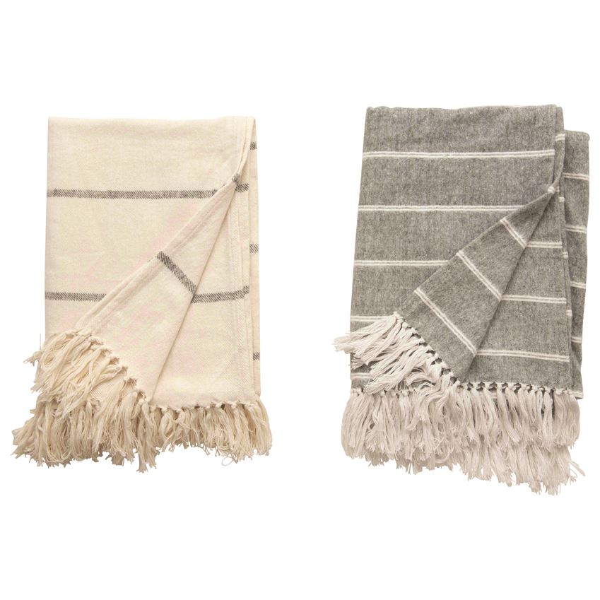 Brushed Cotton Striped Throw With Fringe